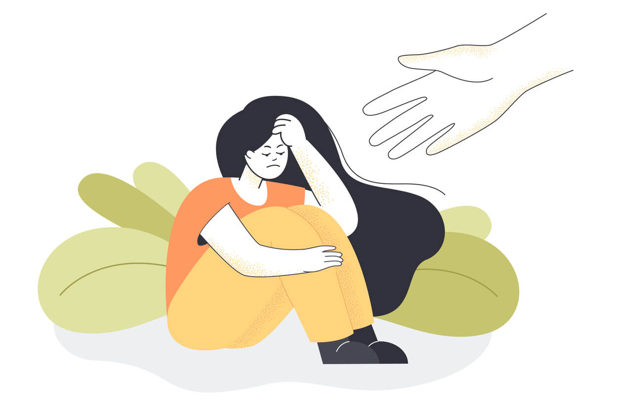 Illustrated image of an unhappy female person sitting and a hand reaching to help them.